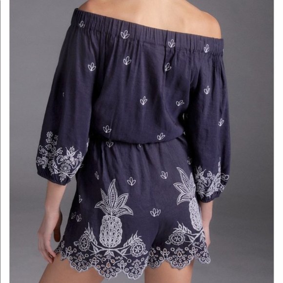 Anthropologie - Farm Rio Navy Blue Jackie Embroidered Pineapple Romper Size M - Picture 3 of 10